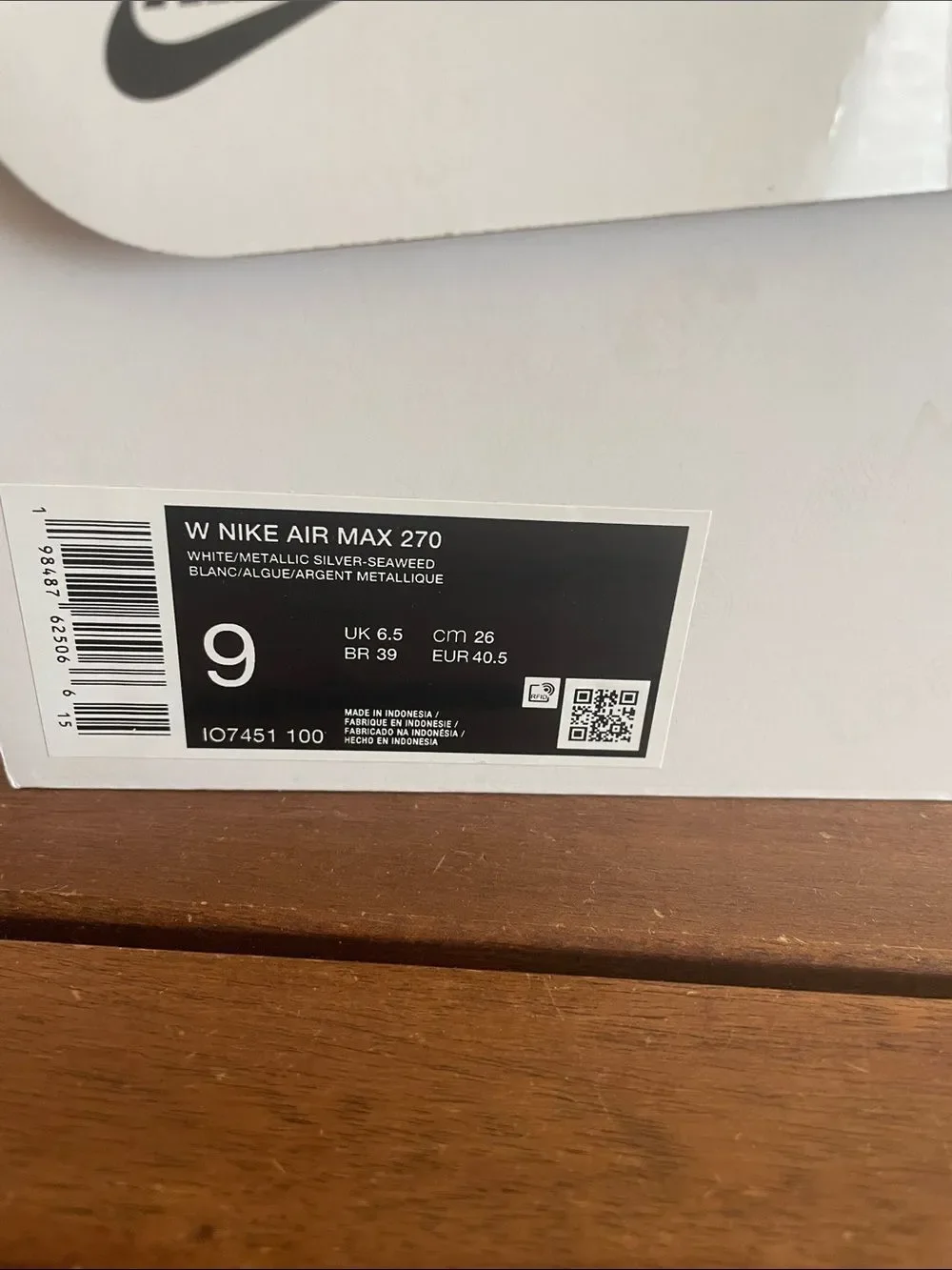 Nike Air Max 270 Metallic Silver Seaweed US Women Sz 9/UK6.5/EU40.5(IO7451-100)